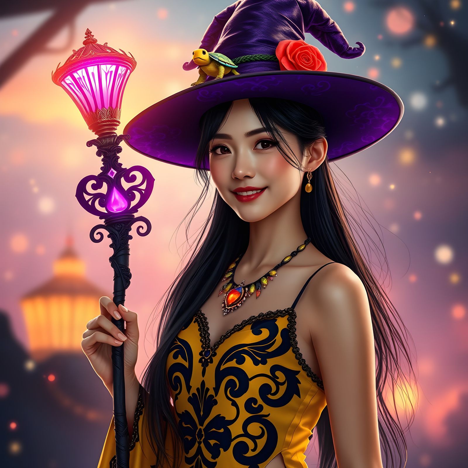 Gorgeous Asian Witch in Fantasy Dusk Environment