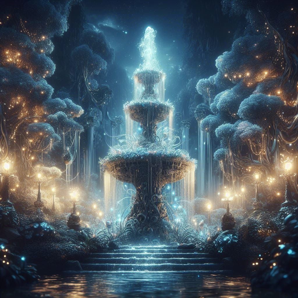 Enchanting Magical Water Fountain in Fantasy Woods