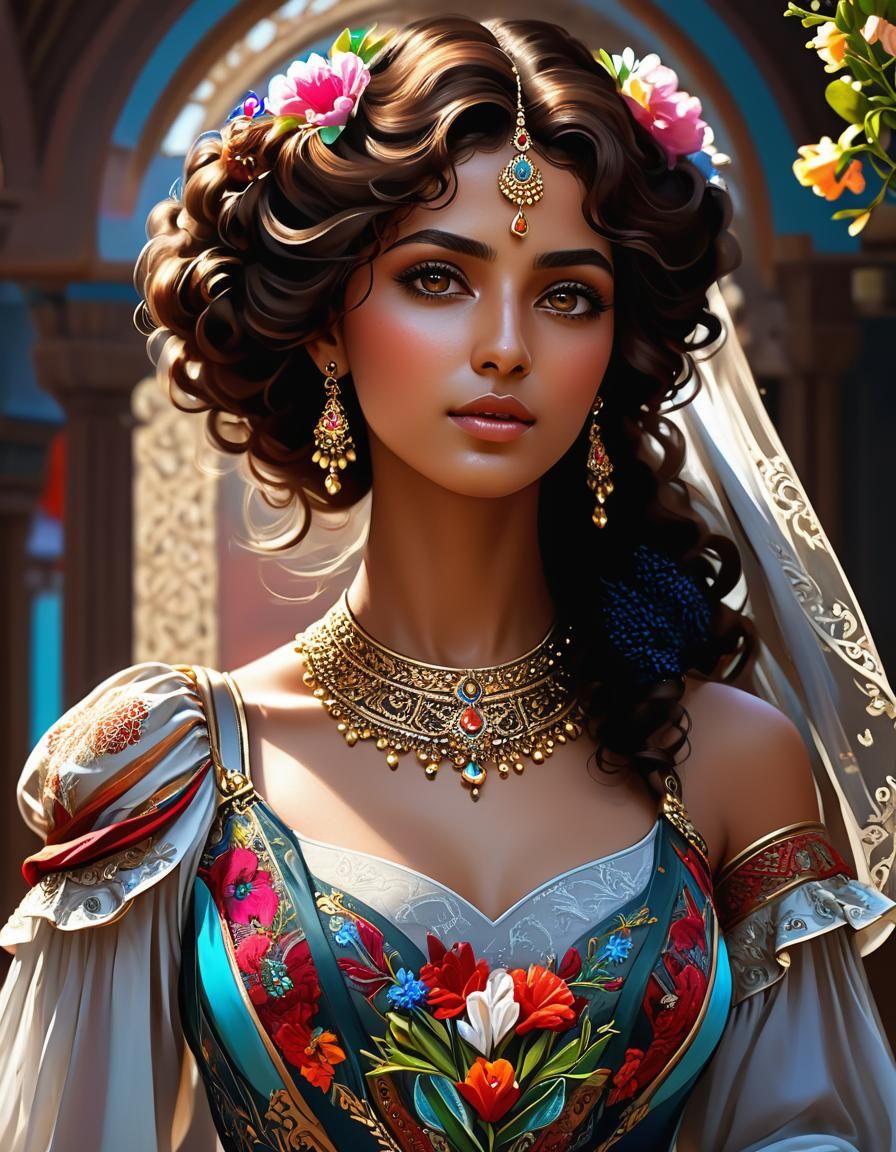 Palestinian Woman Portrait with Embroidery and Flowers