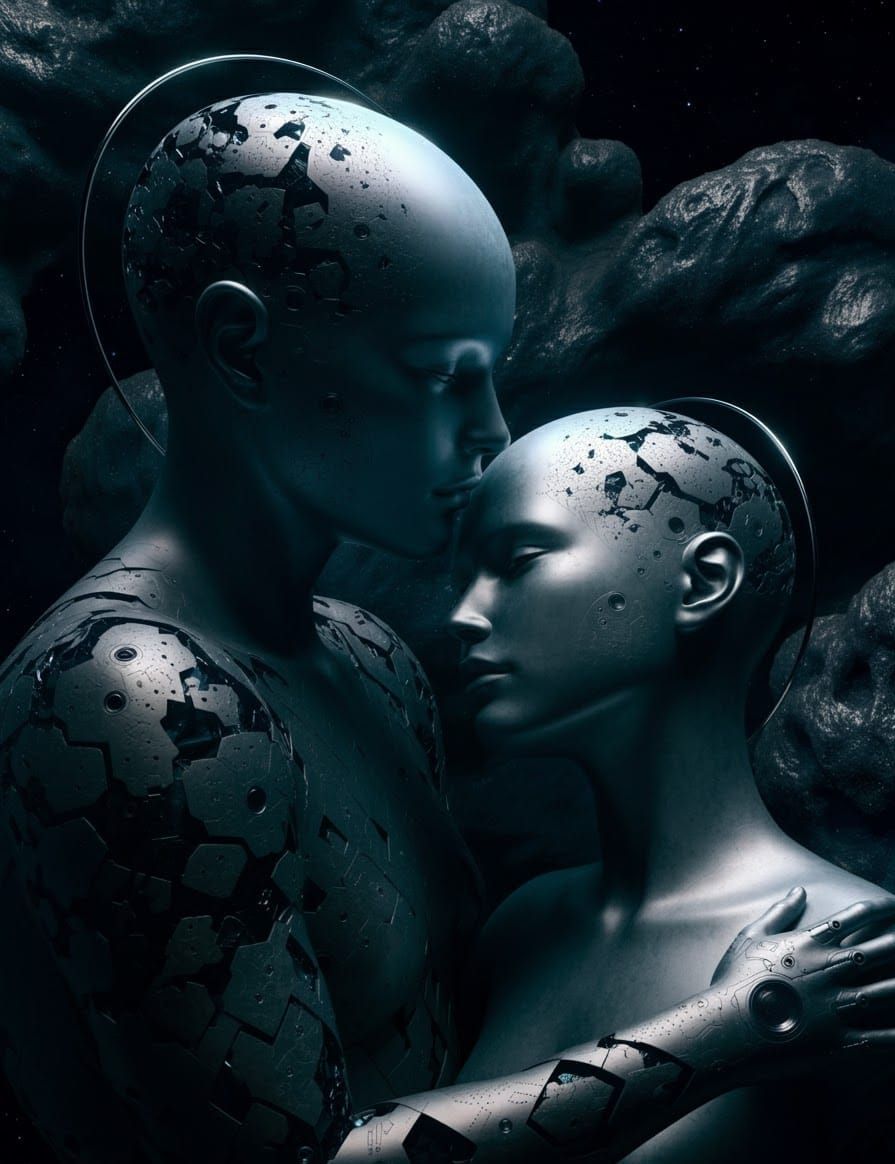 Futuristic Cyborg Angels Embrace in Sci-Fi Sculpture