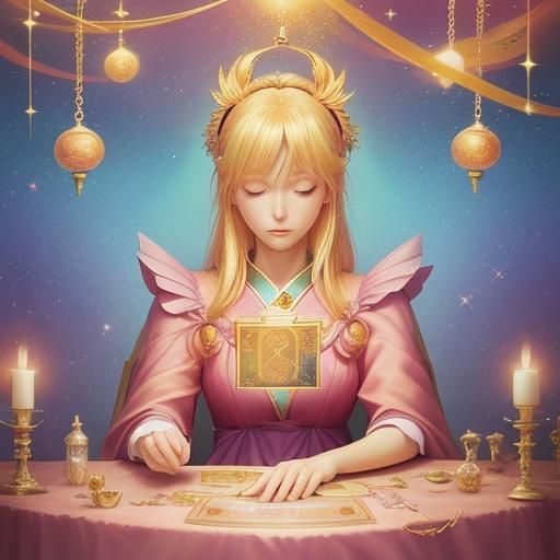 Anime Woman with Phoenix Tarot Cards and Gold