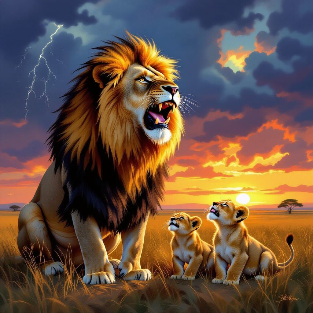 Lion Father Teaches Cubs to Roar on Dawn Savannah