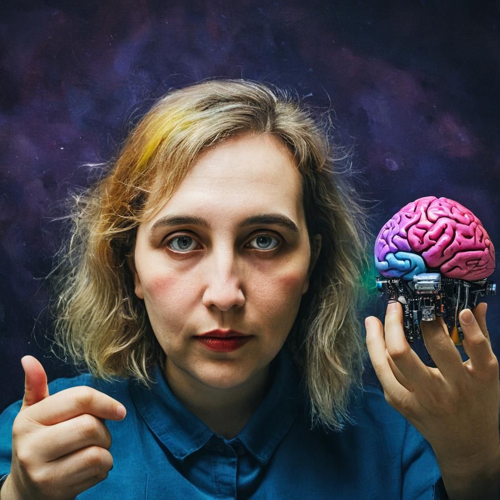 Surreal Person Holds Brain in Vibrant Oil Painting