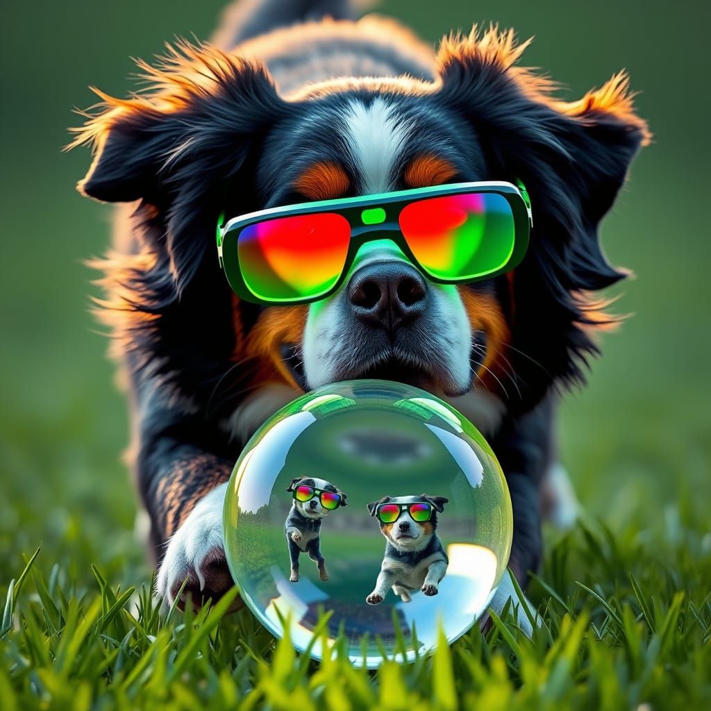 Bernese Mountain Dog Chasing AR Portal in Vibrant Futuristic...