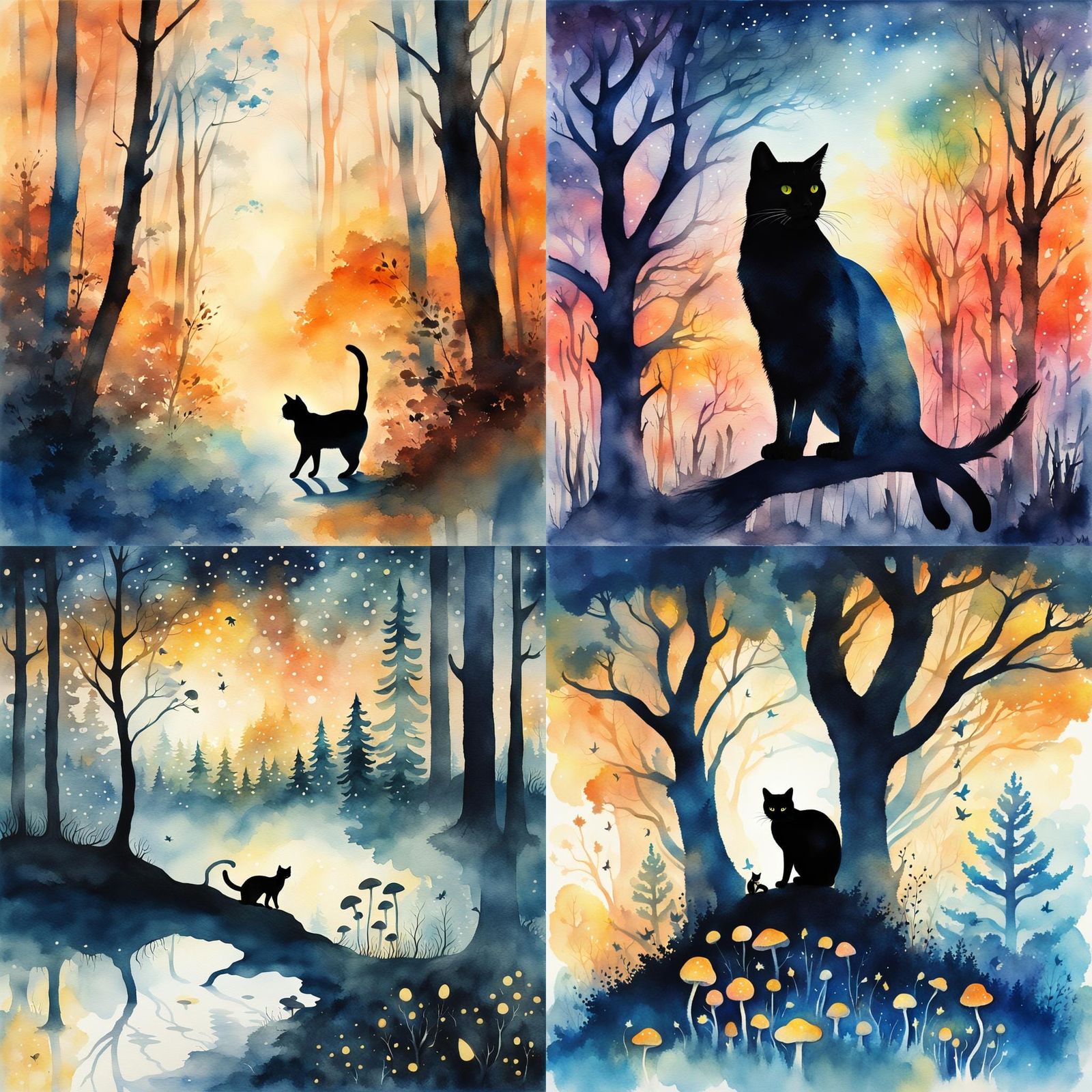 Silhouette Cat in Ethereal Watercolor Forest