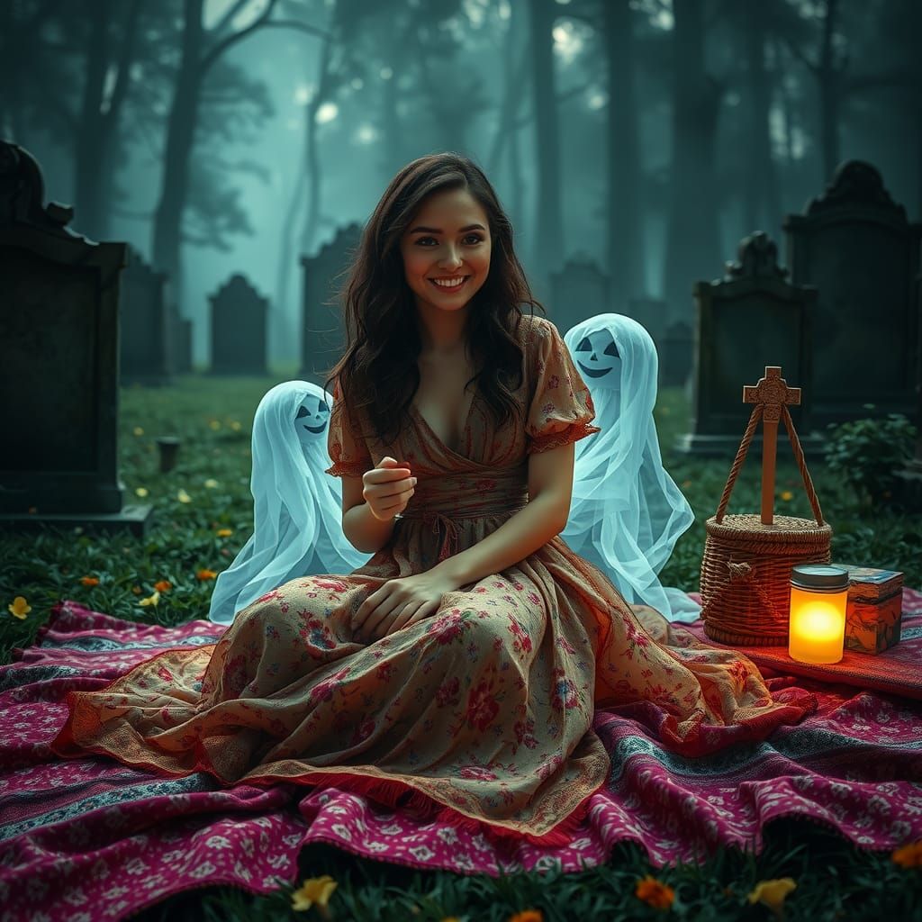 Ethereal Cemetery Picnic with Child Ghost in Dreamlike Style