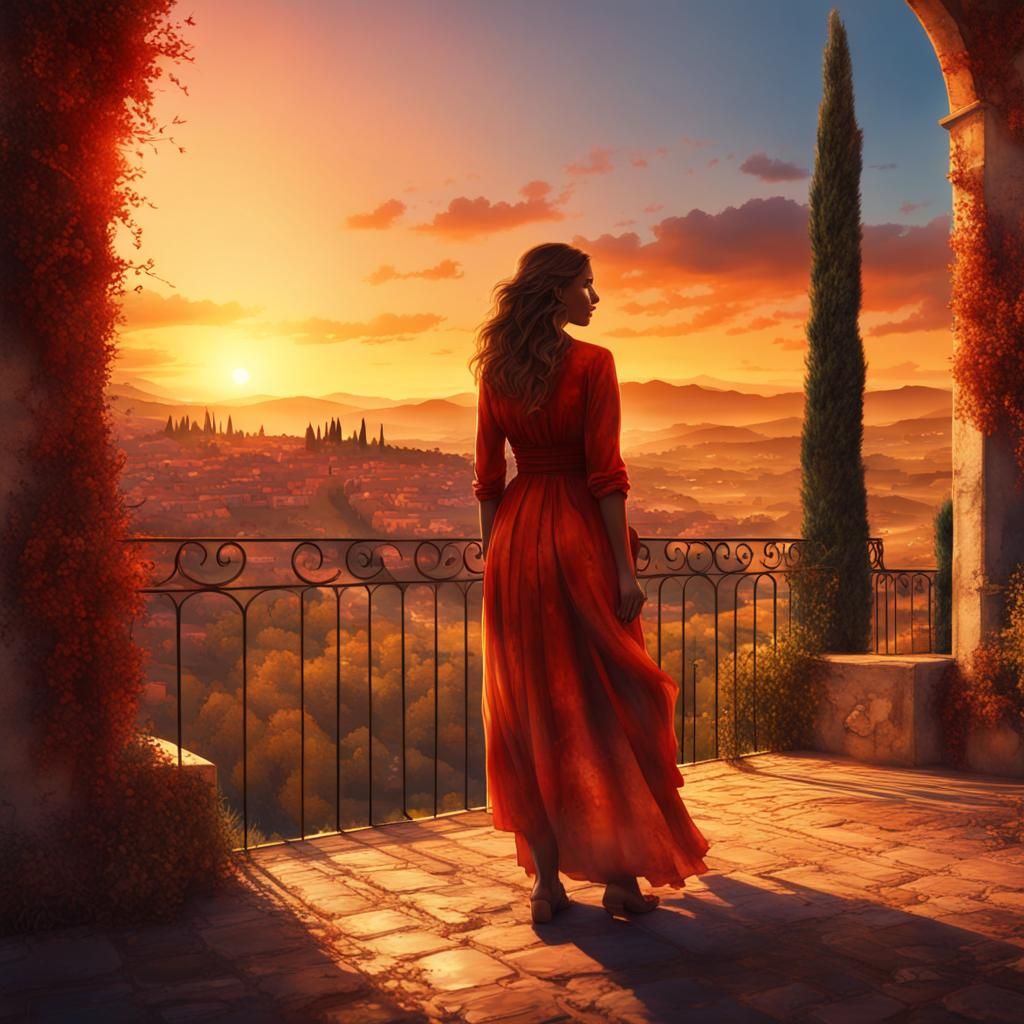 Sunset Silhouette: Woman in Tuscany, Watercolor Art