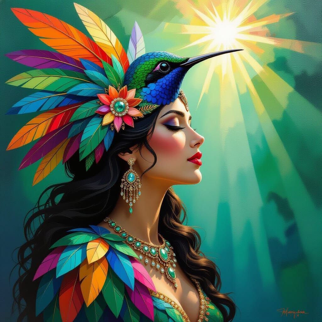 Hummingbird Goddess in Gouache Masterpiece Style
