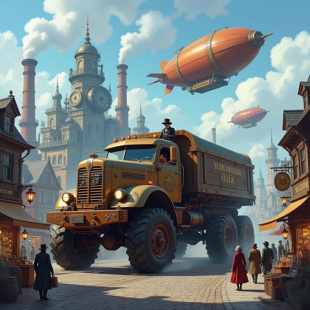 Steampunk Sky City with Gear Truck, Concept Art