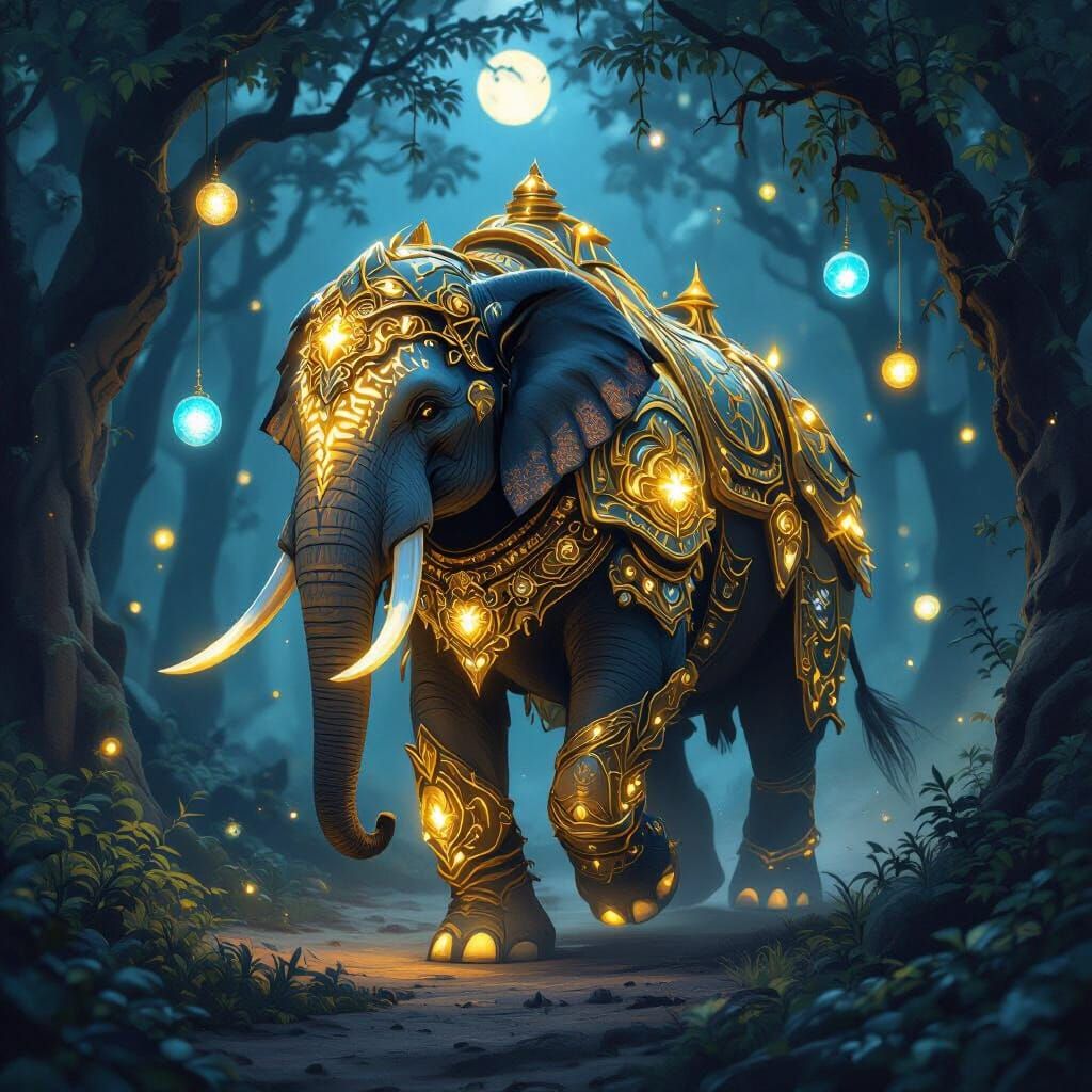Majestic Elephant in Golden Armor in Enchanted Forest