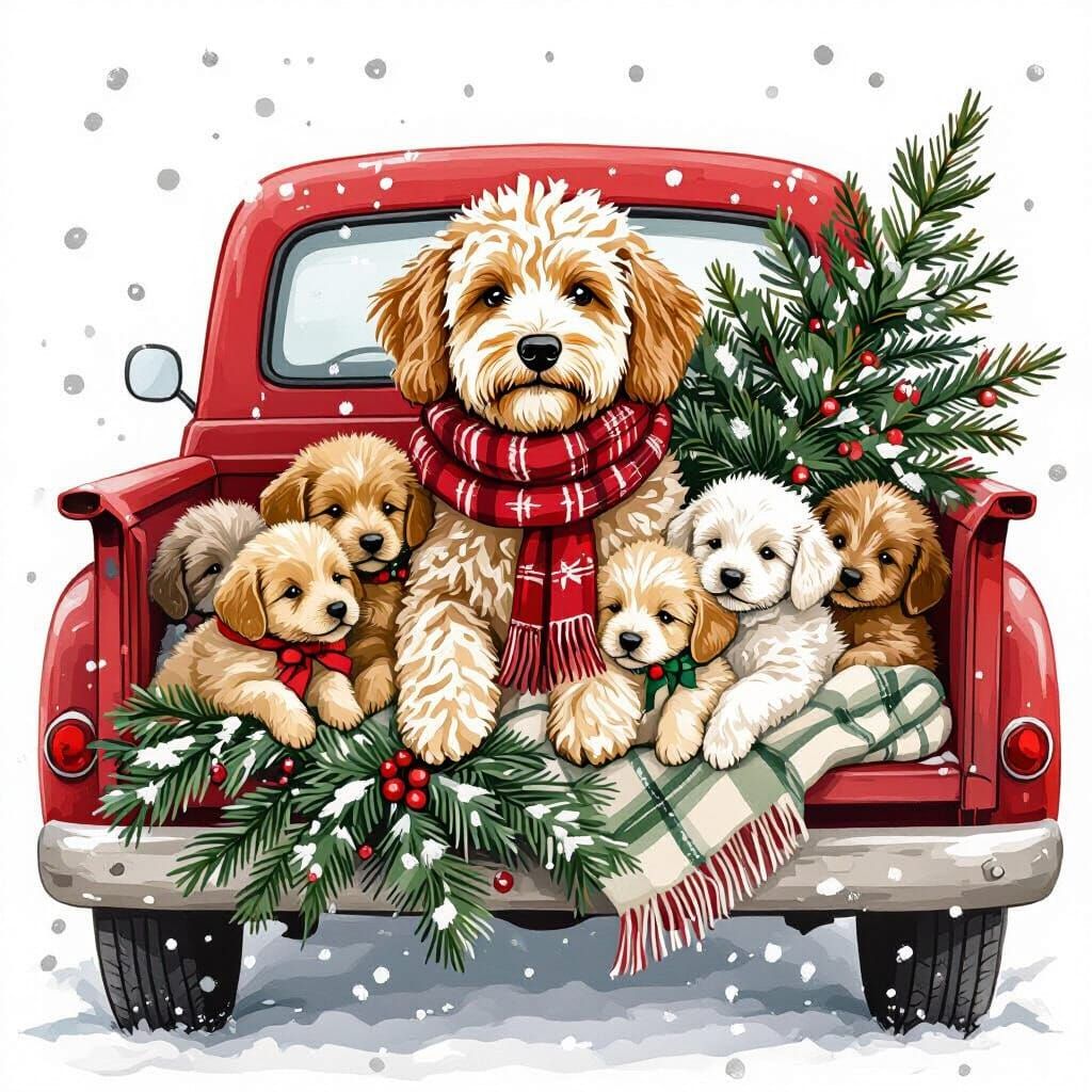 Aussie Doodle Family's Christmas Ride, Illustrated Style