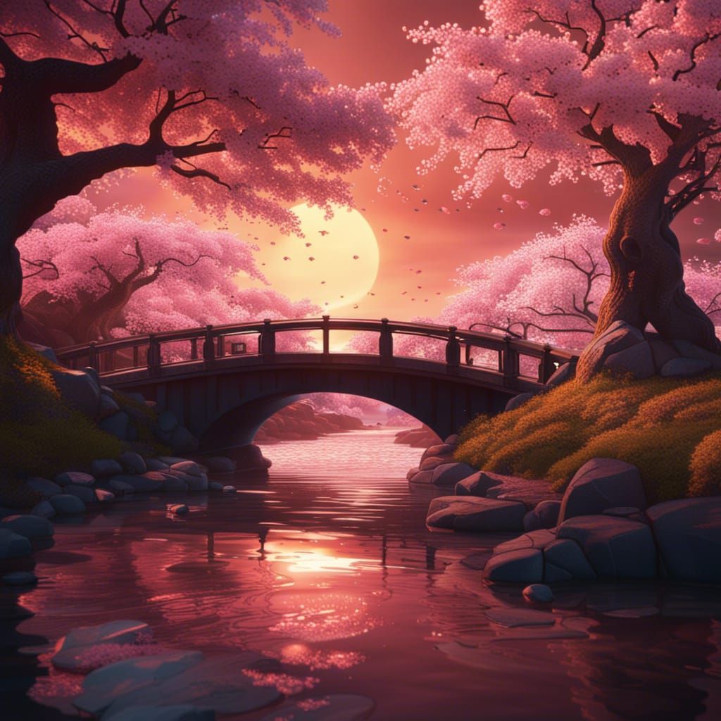 Cherry Blossoms Over River at Sunset