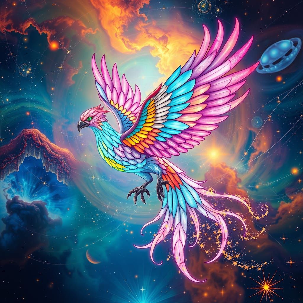 Bioluminescent Phoenix Soaring Through a Nebula