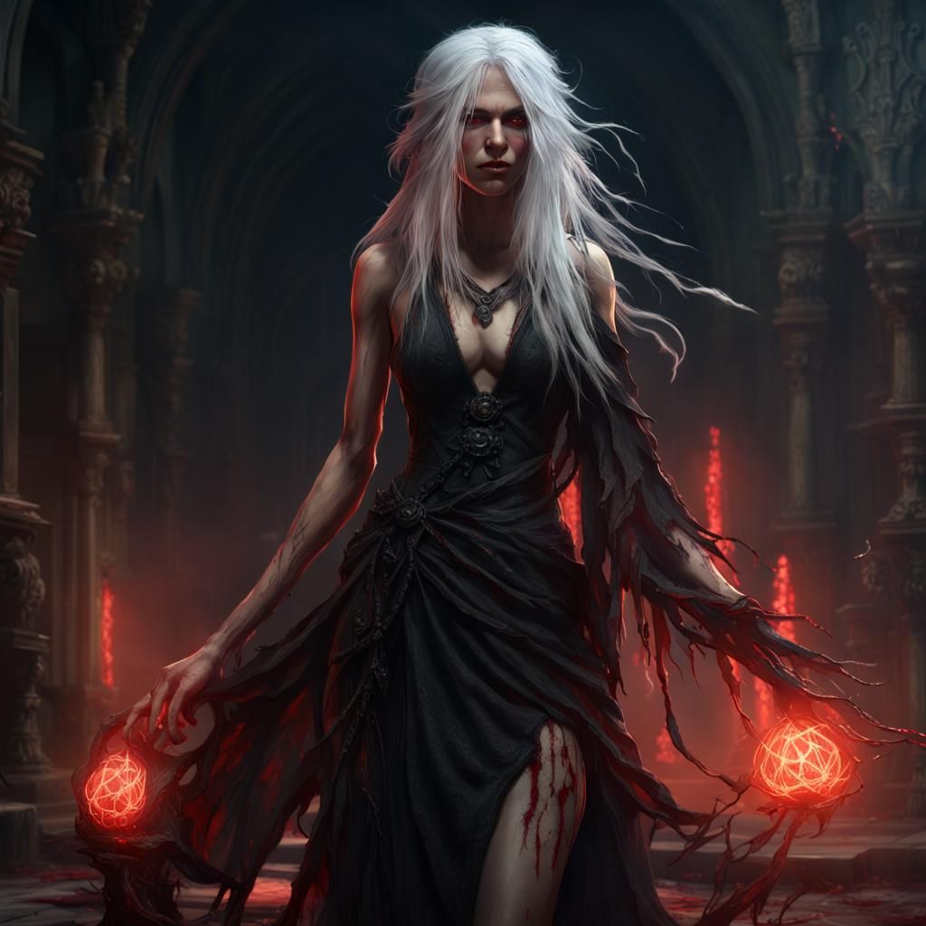 Eerie Dark Sorceress with Red Glow, Fantasy Art