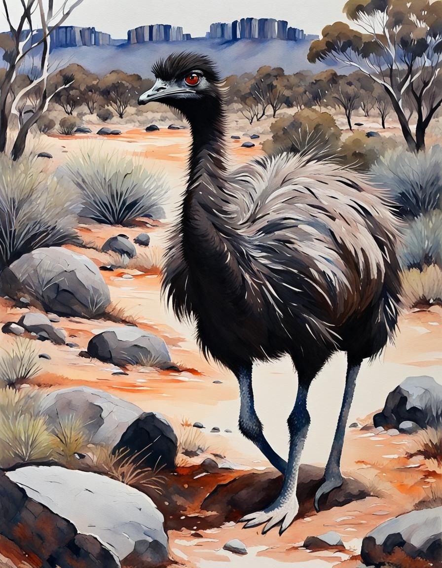 Emu in Australian Outback: Black and White Watercolor
