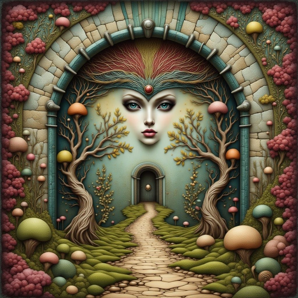 Surreal Hallway in Mixed Media Style