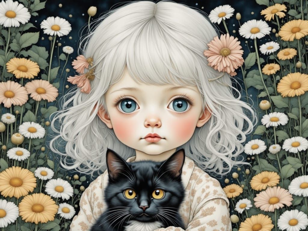 Toddler Girl with Cat in Delicate Illustrative Style