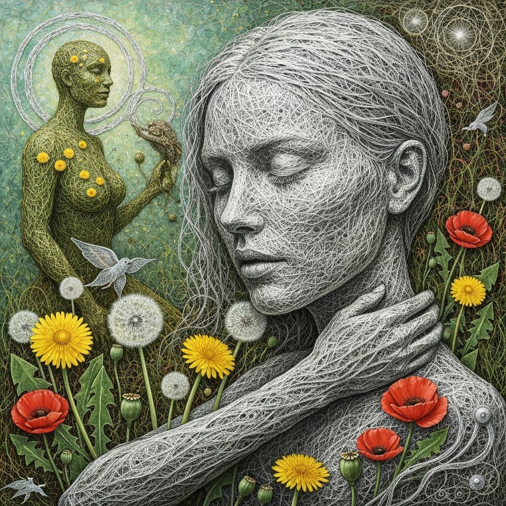 Ephemeral String Woman Kissing Garden: Eco-Art