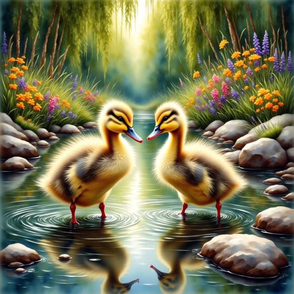 Ducklings in Stream: Antique Watercolor Style