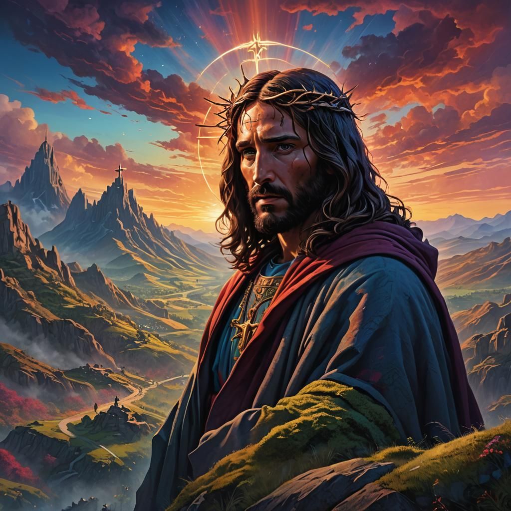 Jesus Christ Stands Silhouetted on a Hill in a Fantastical,....
