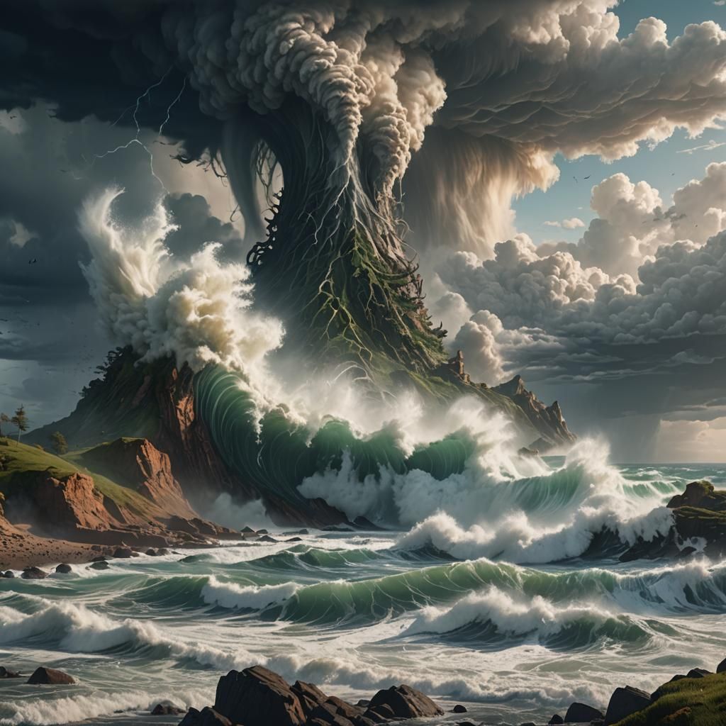 Dramatic Seashore with Giant Water Tornado