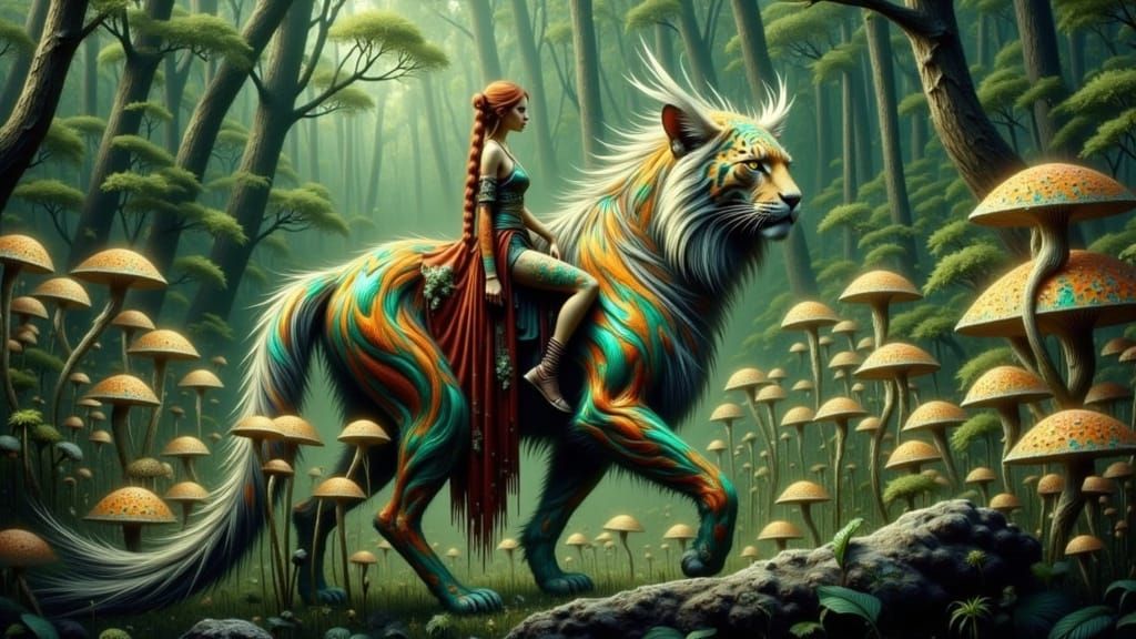 Woman Rides Emerald Cat Through Fantasy Jungle