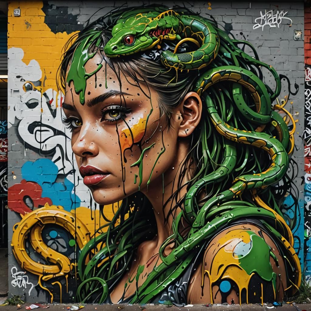 Hyperrealistic Girl with Snakes in Graffiti Style