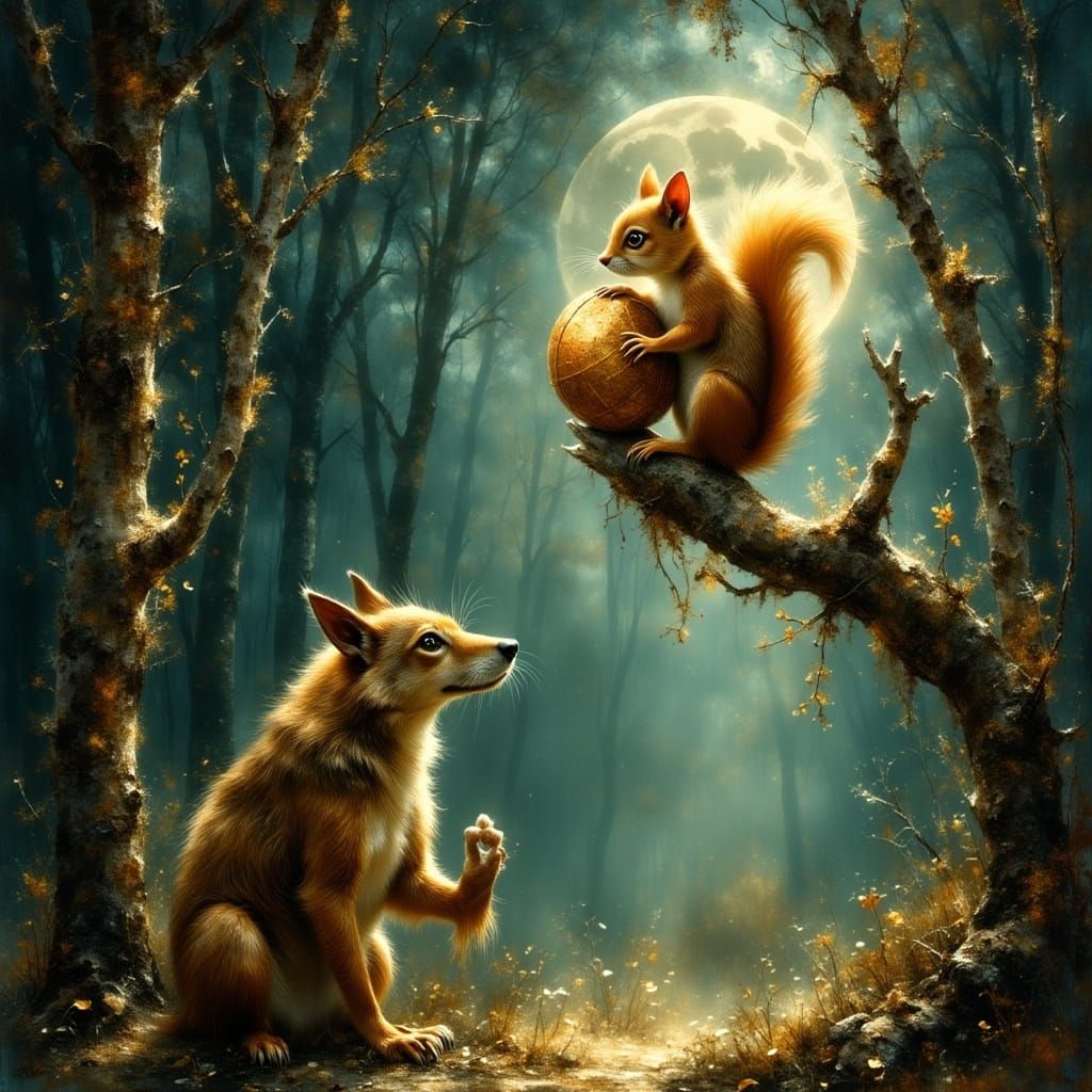 Mischievous Squirrel and Wolf in Tim Burton Style