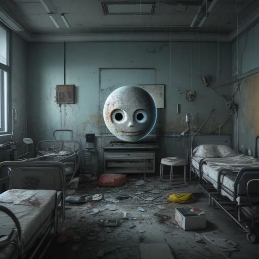 Creepy Smiley Face in Decaying Hospital: Hyperrealistic Art