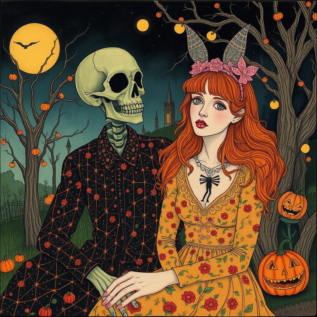 Surreal Halloween Scene in Naive Art Style