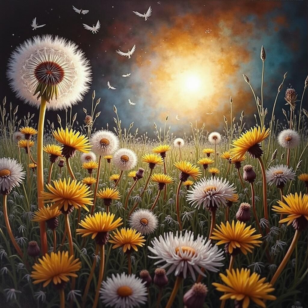 Dandelions in Meadow with Hyperrealistic Style
