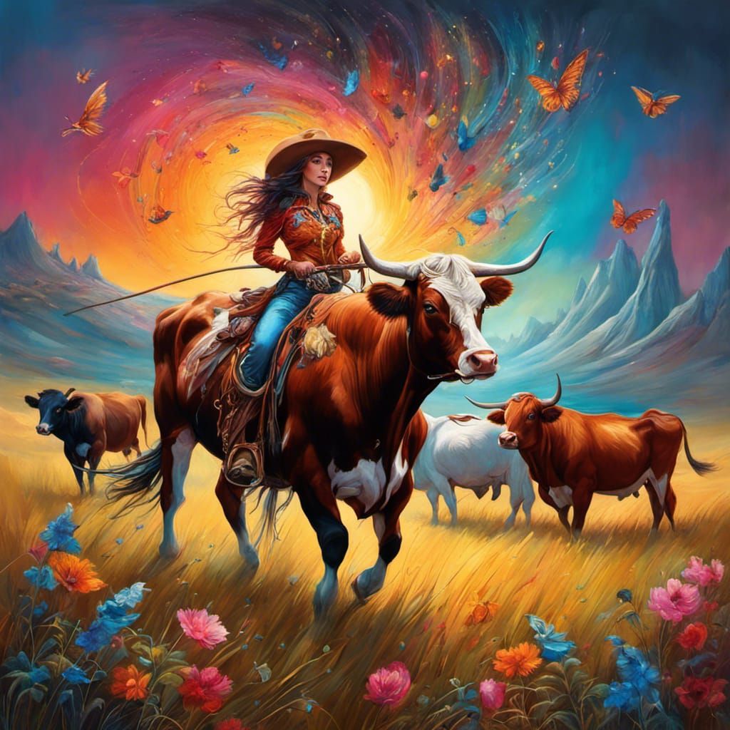 Expert Cowgirls Rounding Up Cattle: Fantasy Art