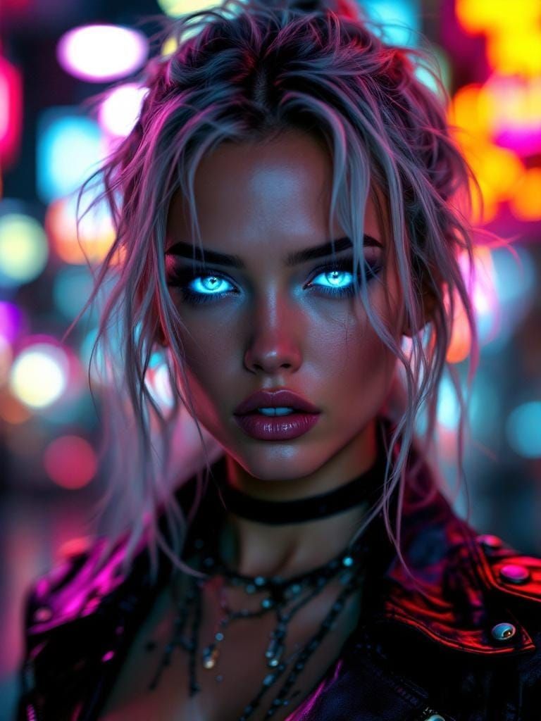 Cyberpunk Woman with Piercing Eyes in Neon Light