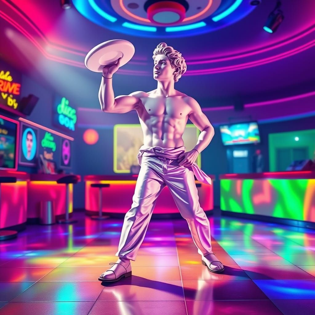 Neon Disco Bolus Throws Frisbee in Vibrant Roman Style