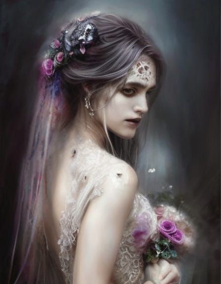 Horrific Ghost Bride with Roses in Dark Fantasy Style