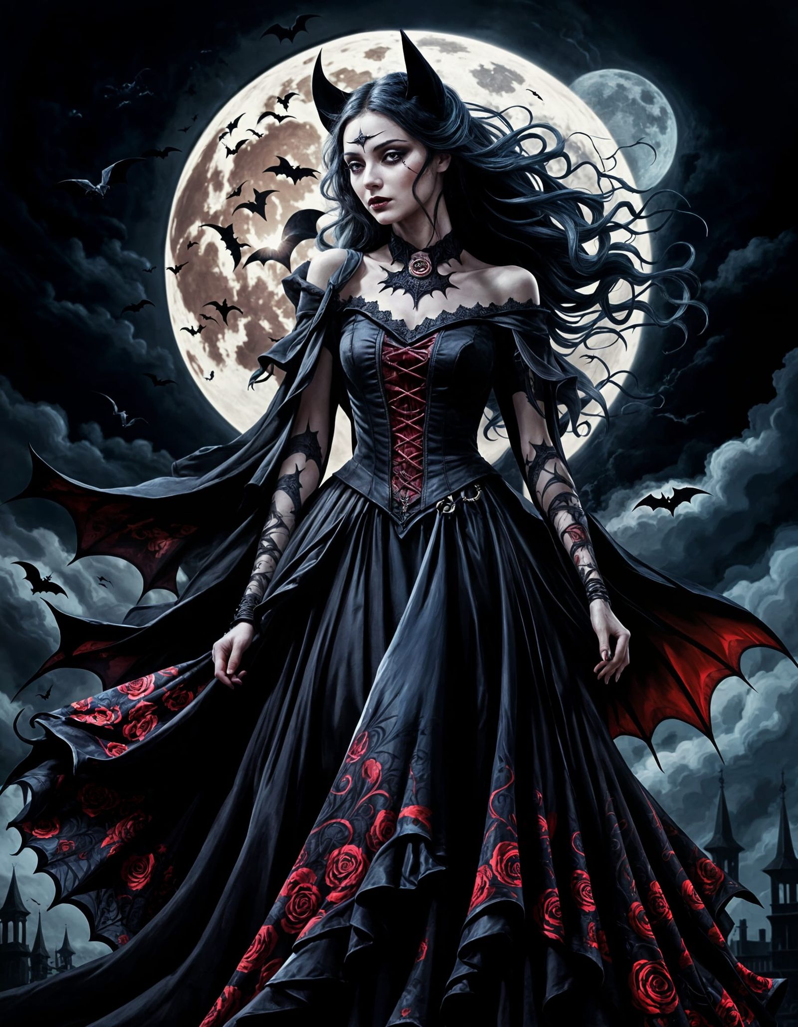 Eerie Gothic Woman with Bat in Stormy Night