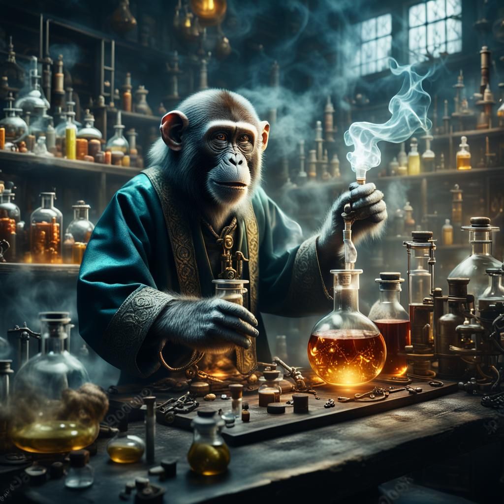 Monkey Alchemist in Smoke-Filled Laboratory