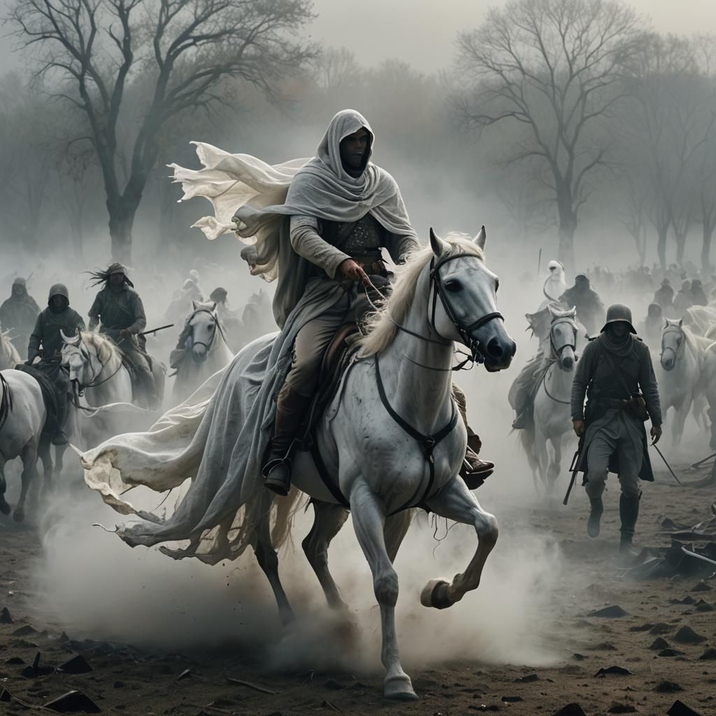Ethereal Horseman Rides Through Battlefield Mist