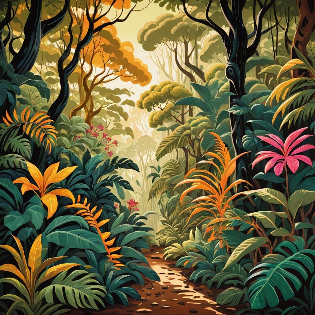 Vibrant Jungle Scene in Expressive Ink Drawing Style