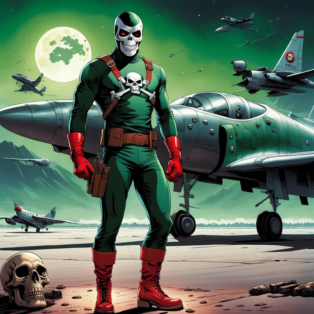 Superhero in Green Spandex on Airfield, Comic Art