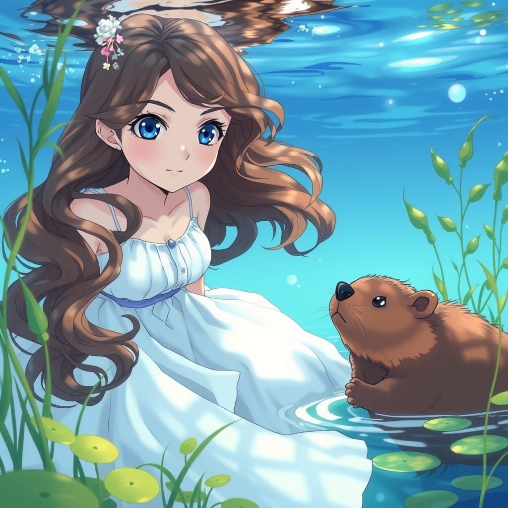 Anime Woman Gazing at Beaver Underwater