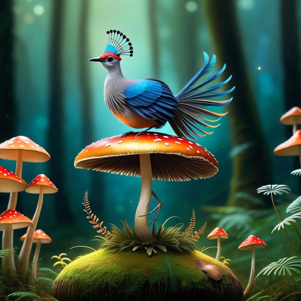 Lyre Bird's Mushroom Dance: A Fantastical Scene