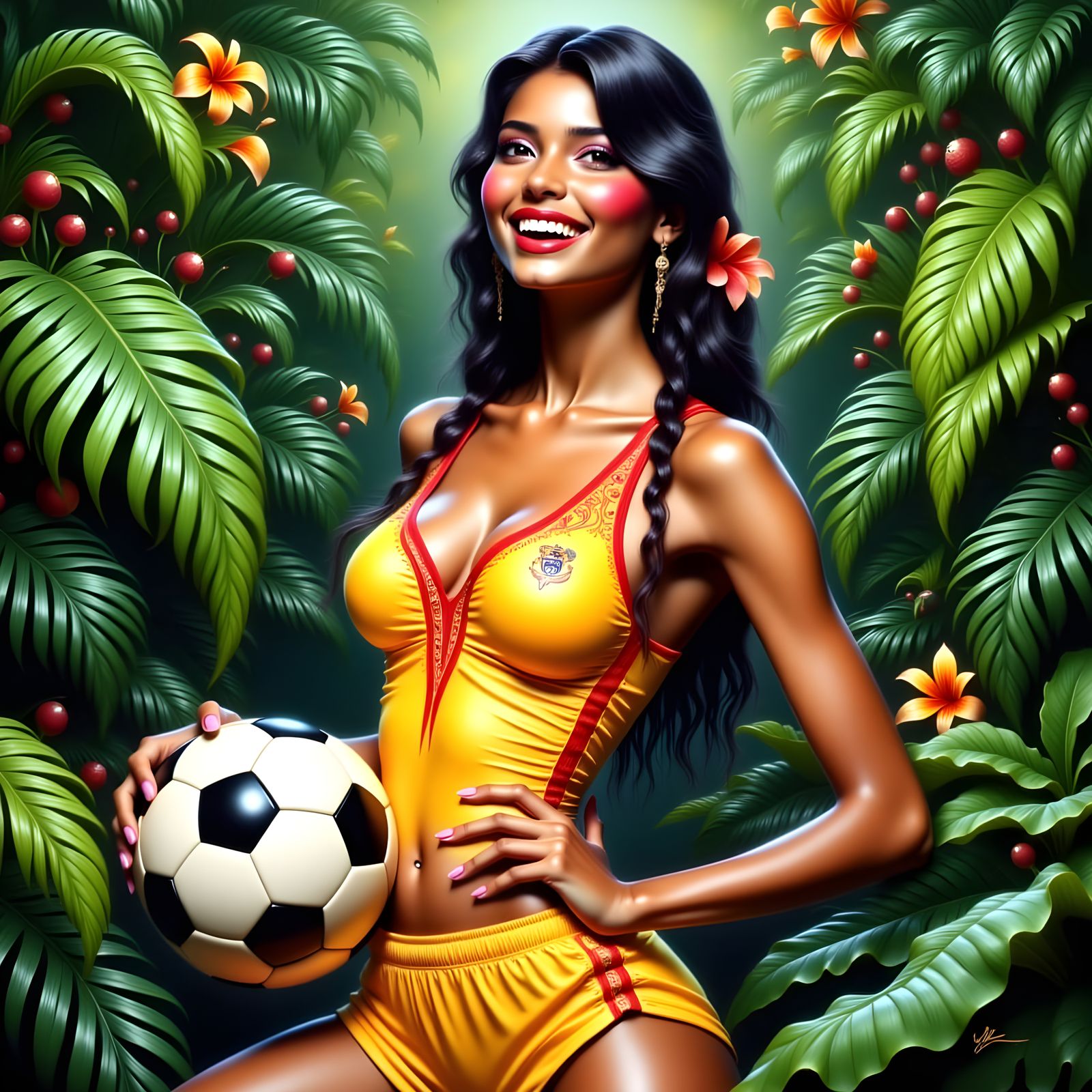 Woman Smiling with Soccer Ball in Tropical Setting