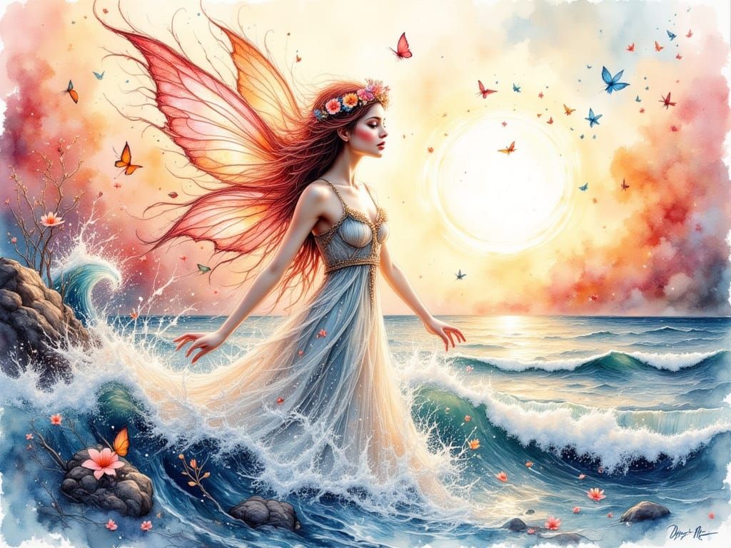 Red Ocean Fairy in Watercolor Style
