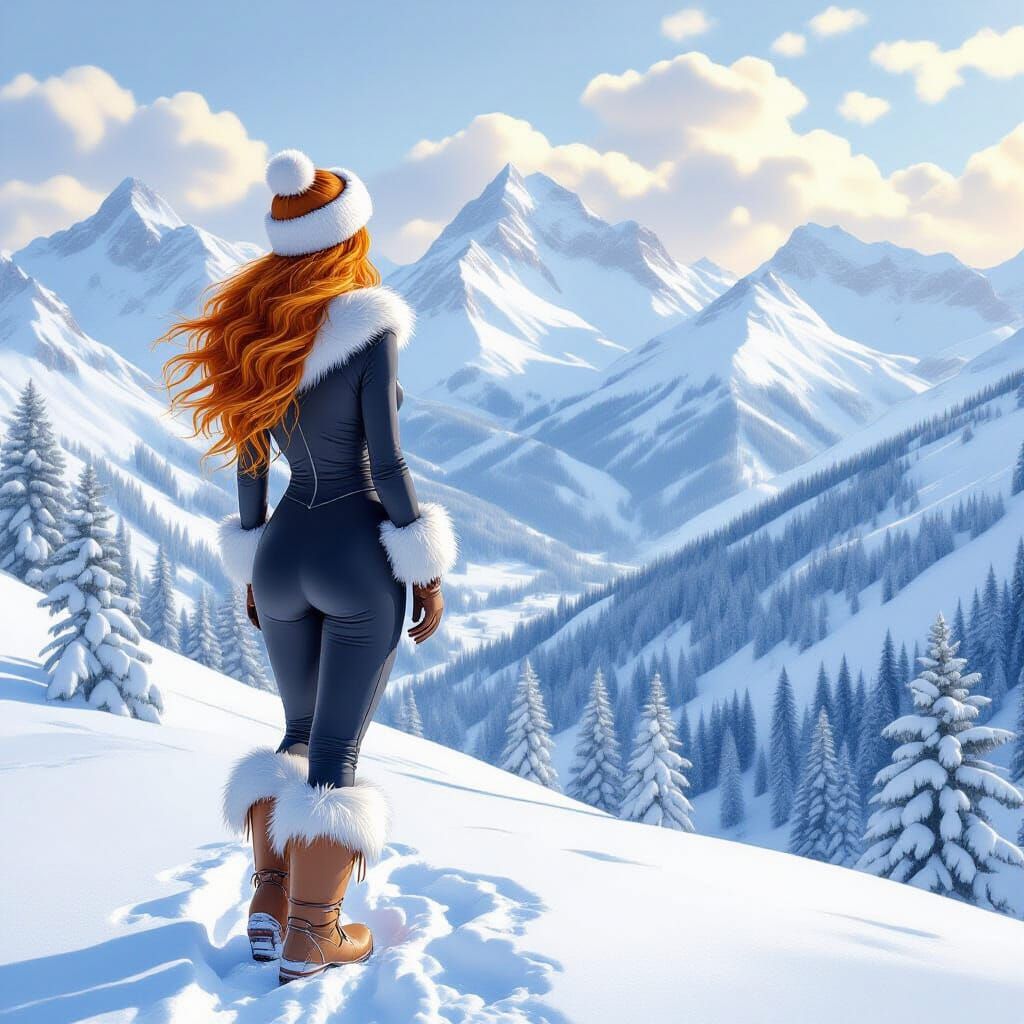 Woman on Snowy Mountain in Romantic Landscape Style