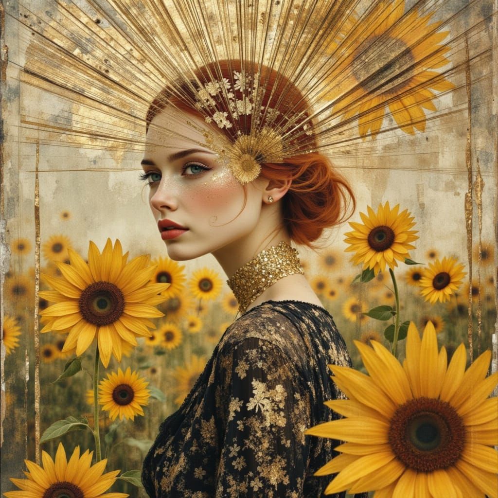 Renaissance Woman in Sunflower Field Collage