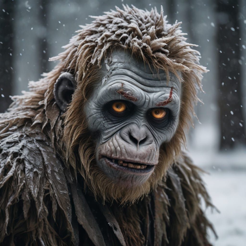 Fragile Zombie Monkey Toddlers Freeze in Haunting Snowscape