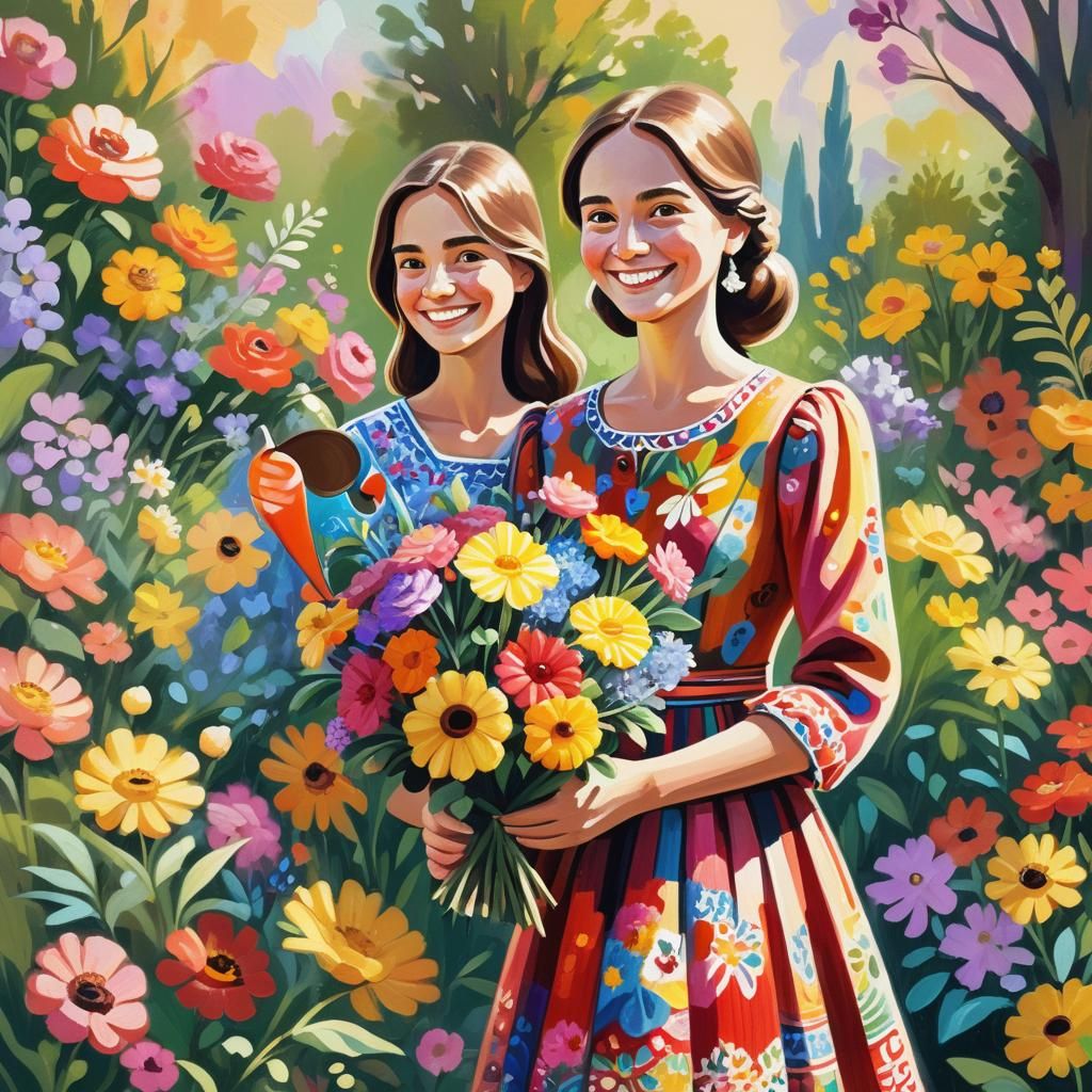 Naive Folk Art Woman with Trophy in Garden