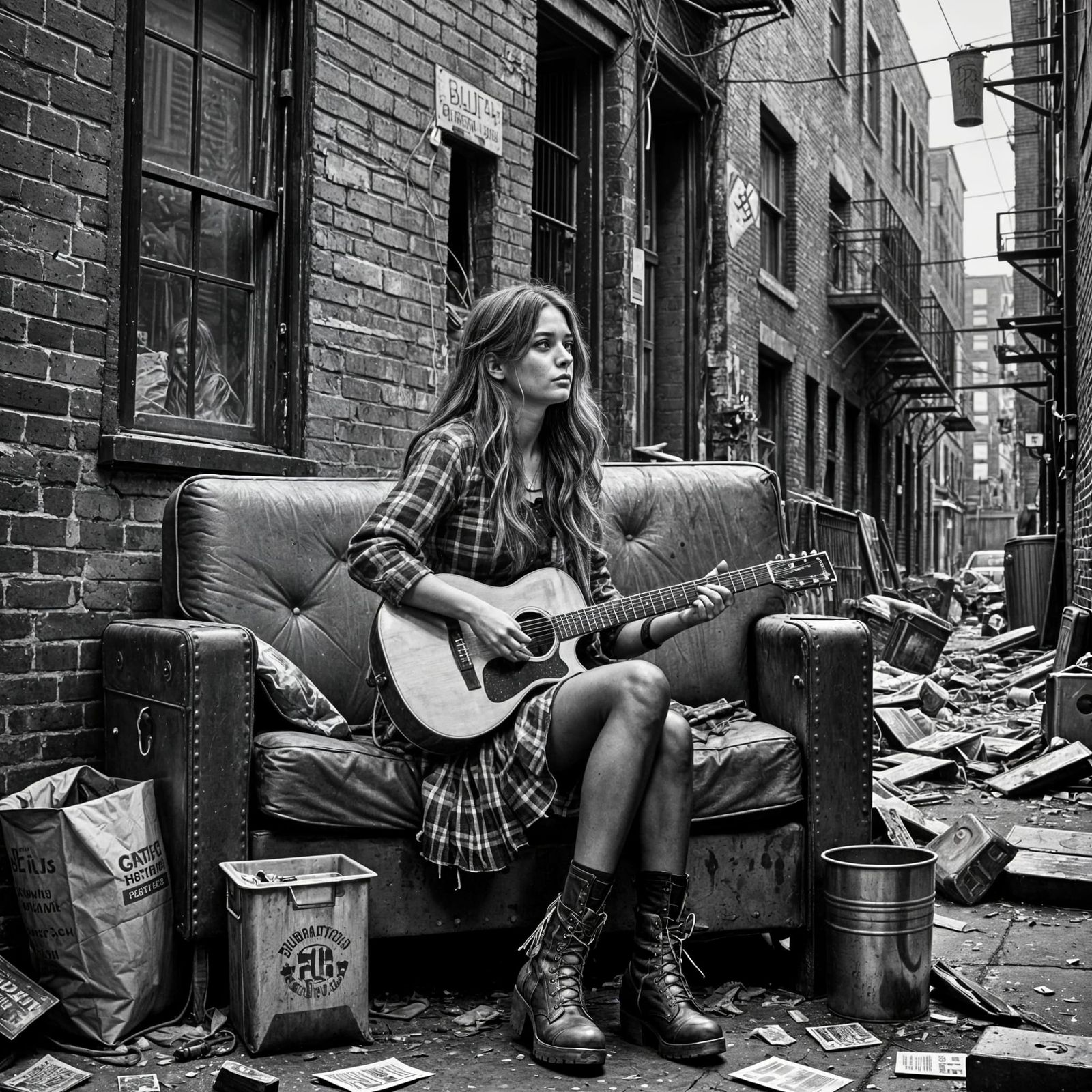 Grungy Girl in Alley Sitting on Couch with Guitar