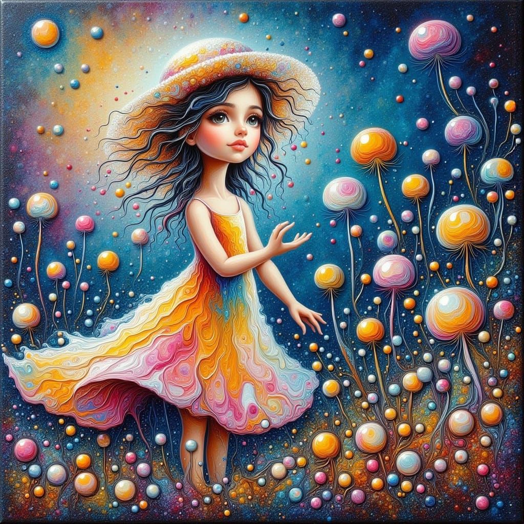 Young Girl Picking Flowers in Vibrant Impasto Style